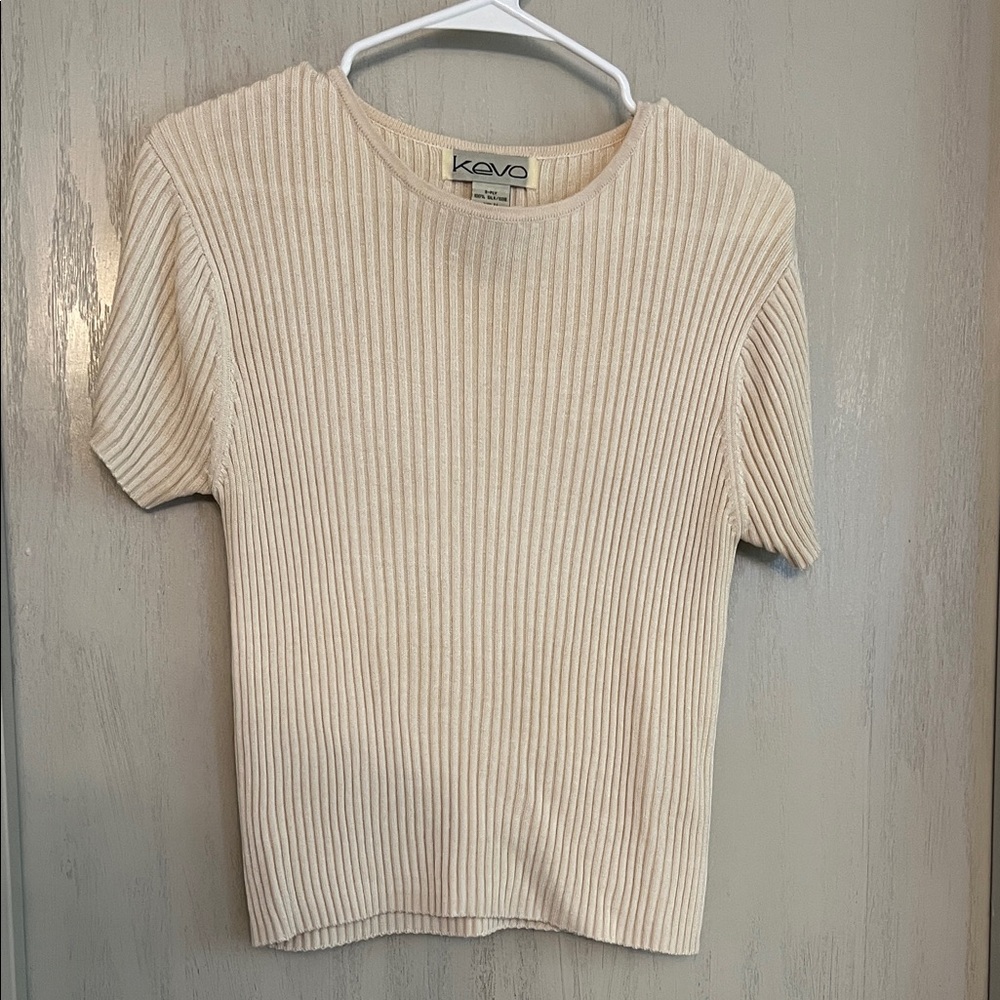 100% Silk Cream Ribbed Short Sleeve Top